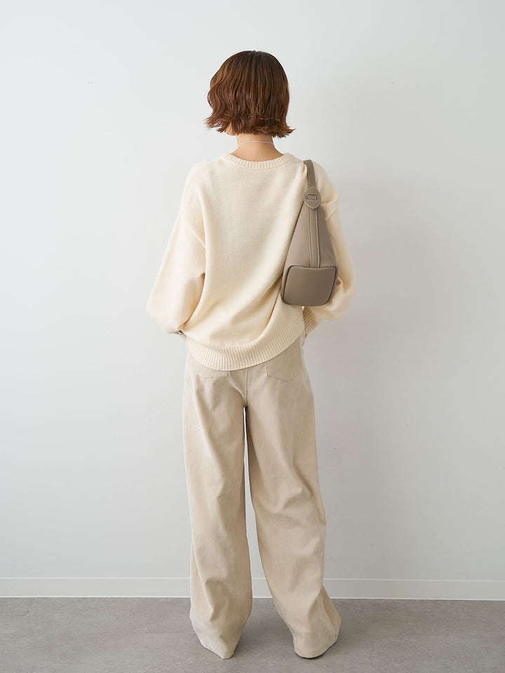 [SET]アルパカタッチ刺繍レースロゴニットプルオーバー+ベロアデニムタックワイドパンツ(2set)