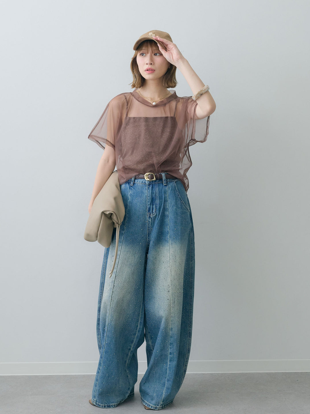 [SET]インナーキャミ付シアーオーバーTEE+フロントビジューカーブデニムパンツ(2set)
