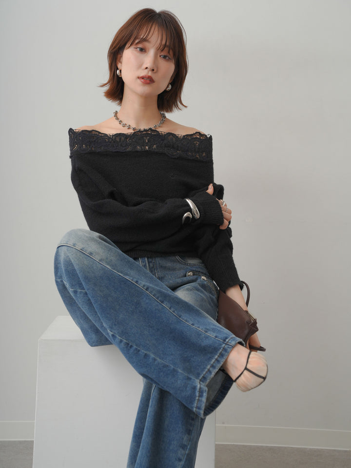 [SET]ショルダーレースオフショルニットトップス+ショルダーレースオフショルニットトップス(2set)