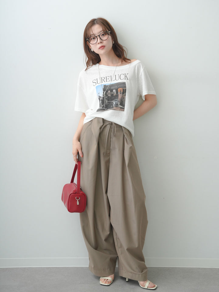 [SET]ワイドネックプリントTEE+ベルトループカーブタックワイドパンツ(2set)