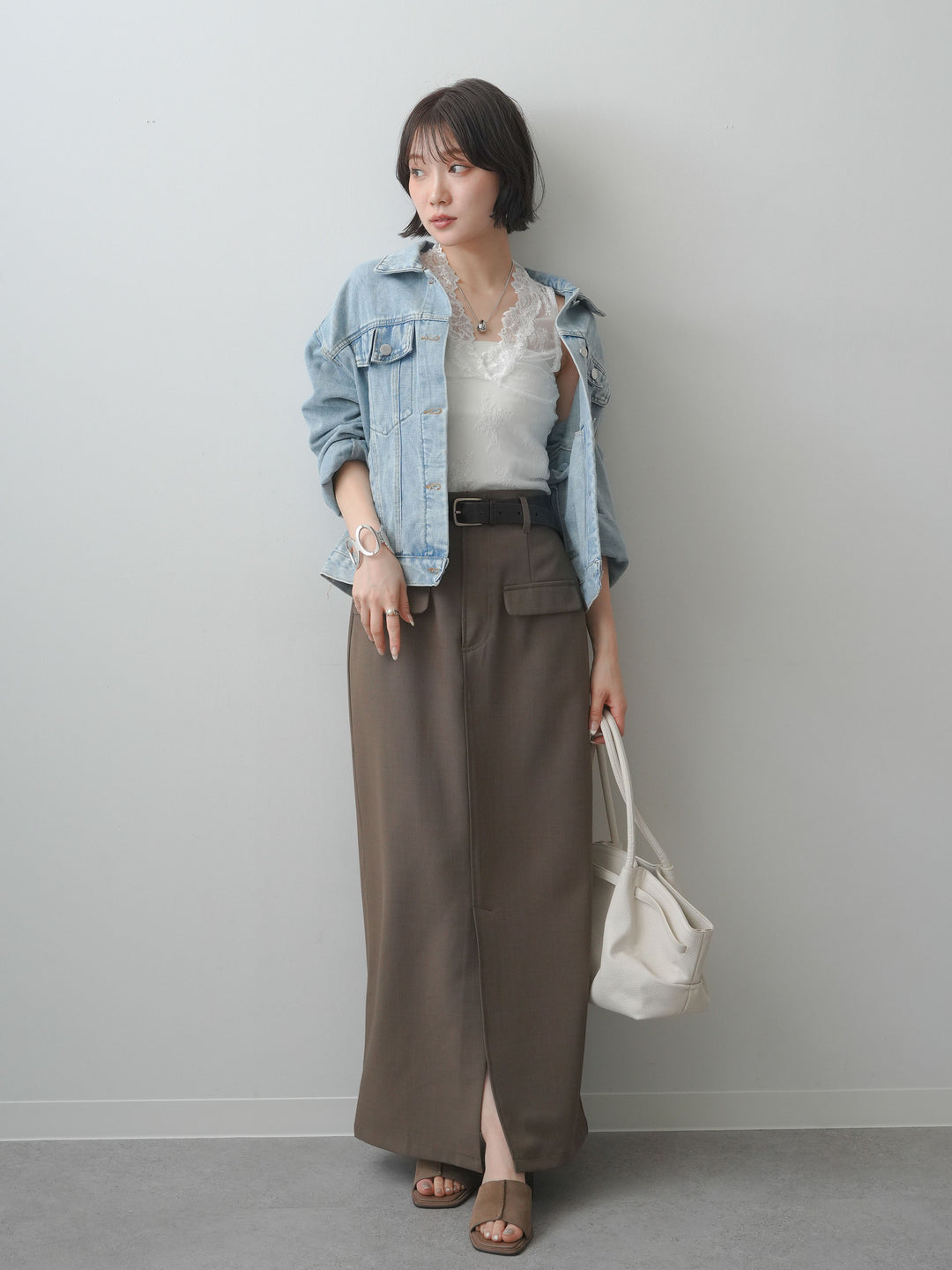 [SET]フラップデザインデニムジャケット+クレープデシンフラップ付きストレートスカート(2set)