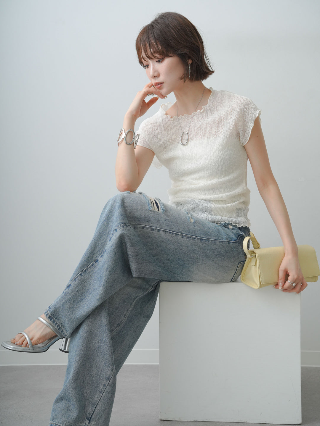 [SET]シャーリングシアーバックオープンフレンチトップス+シャーリングシアーバックオープンフレンチトップス(2set)