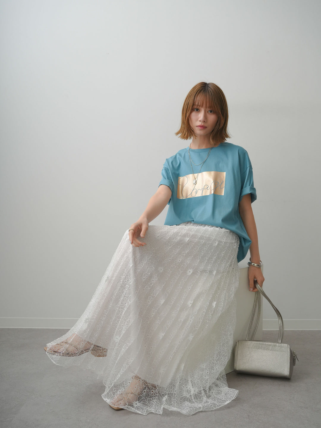[SET]箔プリントボックスTEE+フローラルレースプリーツスカート(2set)