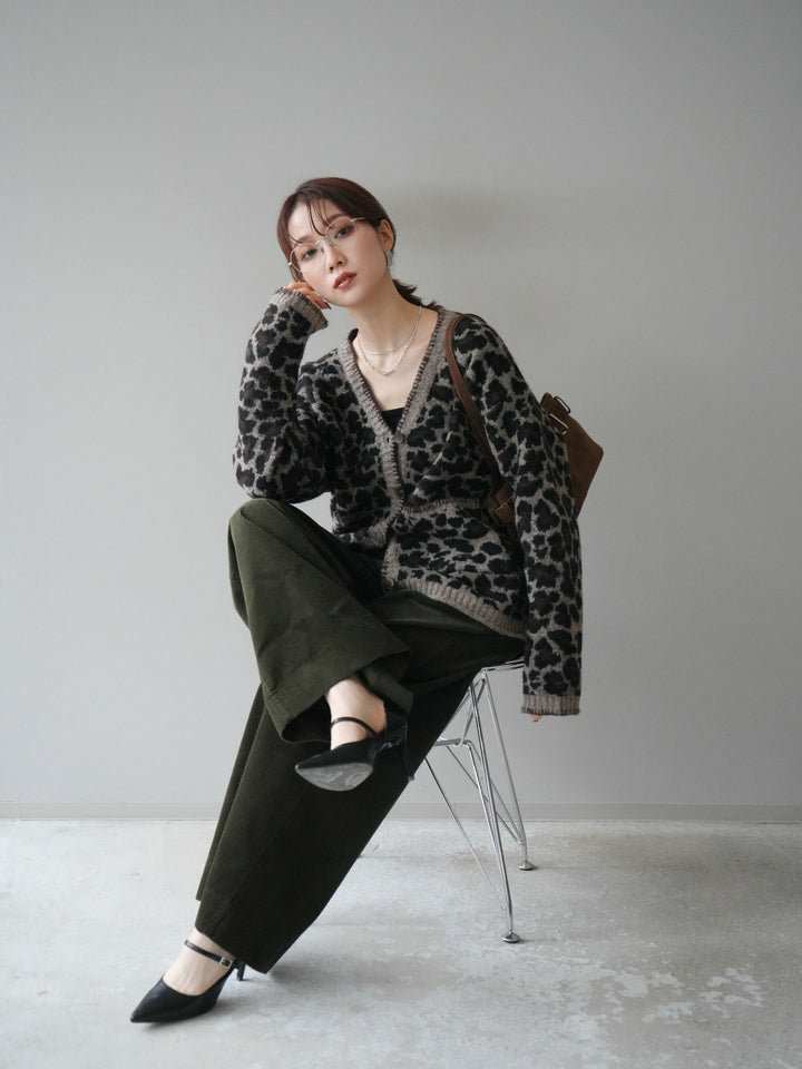 [予約]アニマル柄ステッチニットカーディガン/brown