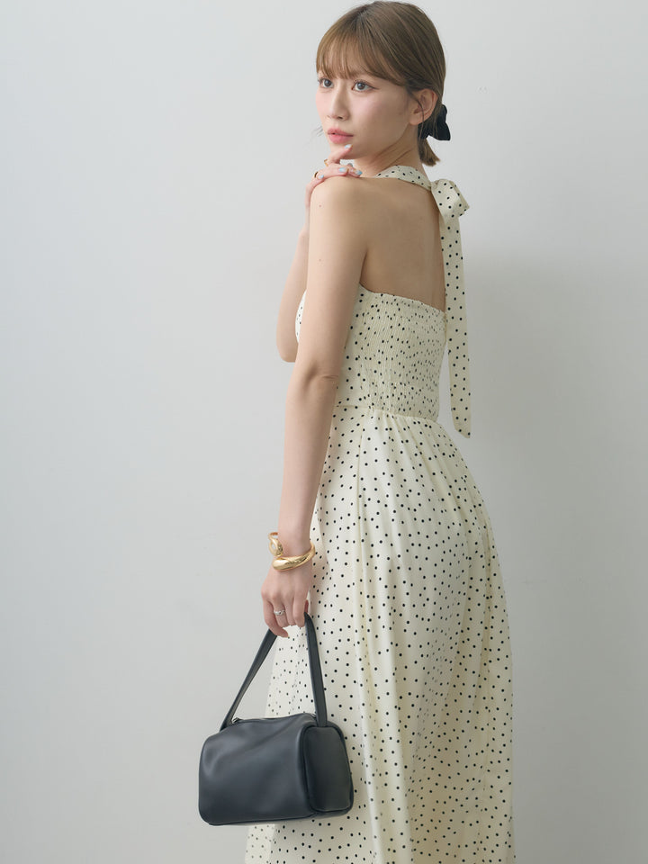 [SET]ホルターネックドット柄シャーリングデザインワンピース+選べるアクセセット(2set)