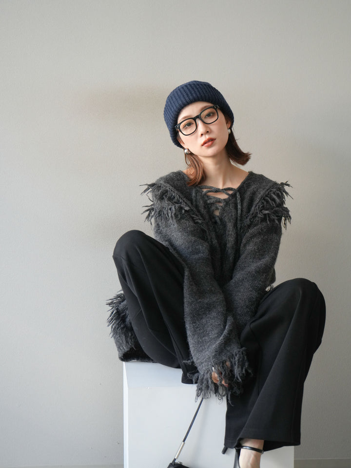 [予約]レースアップフリンジニットプルオーバー/gray