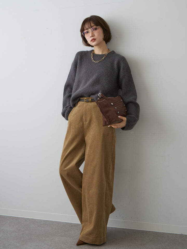[SET]ソフトシャギークルーネックプルオーバー+ベルト付コーディロイワイドストレートパンツ(2set)
