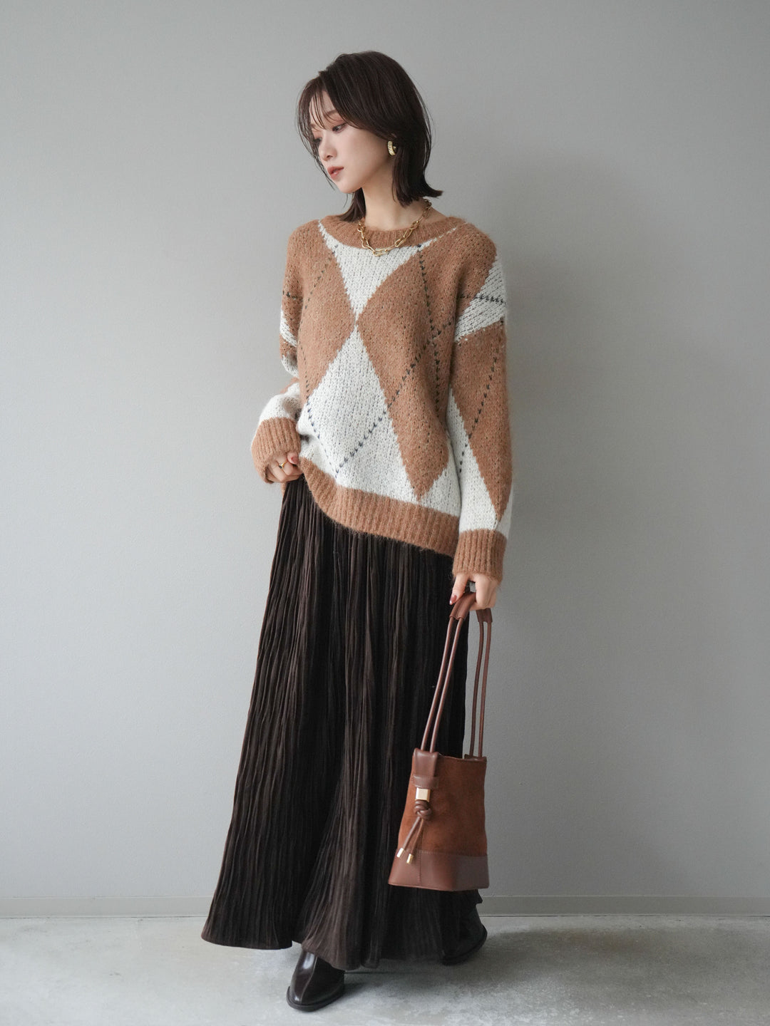 [SET]アーガイルオーバーニットプルオーバー+スエードワッシャープリーツスカート(2set)
