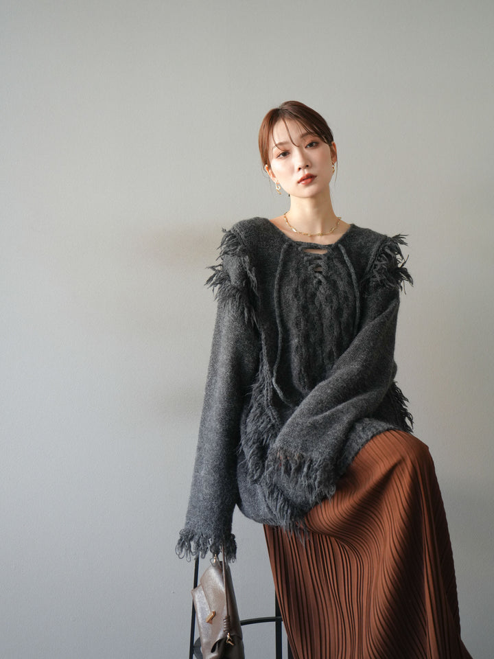 [予約]レースアップフリンジニットプルオーバー/gray