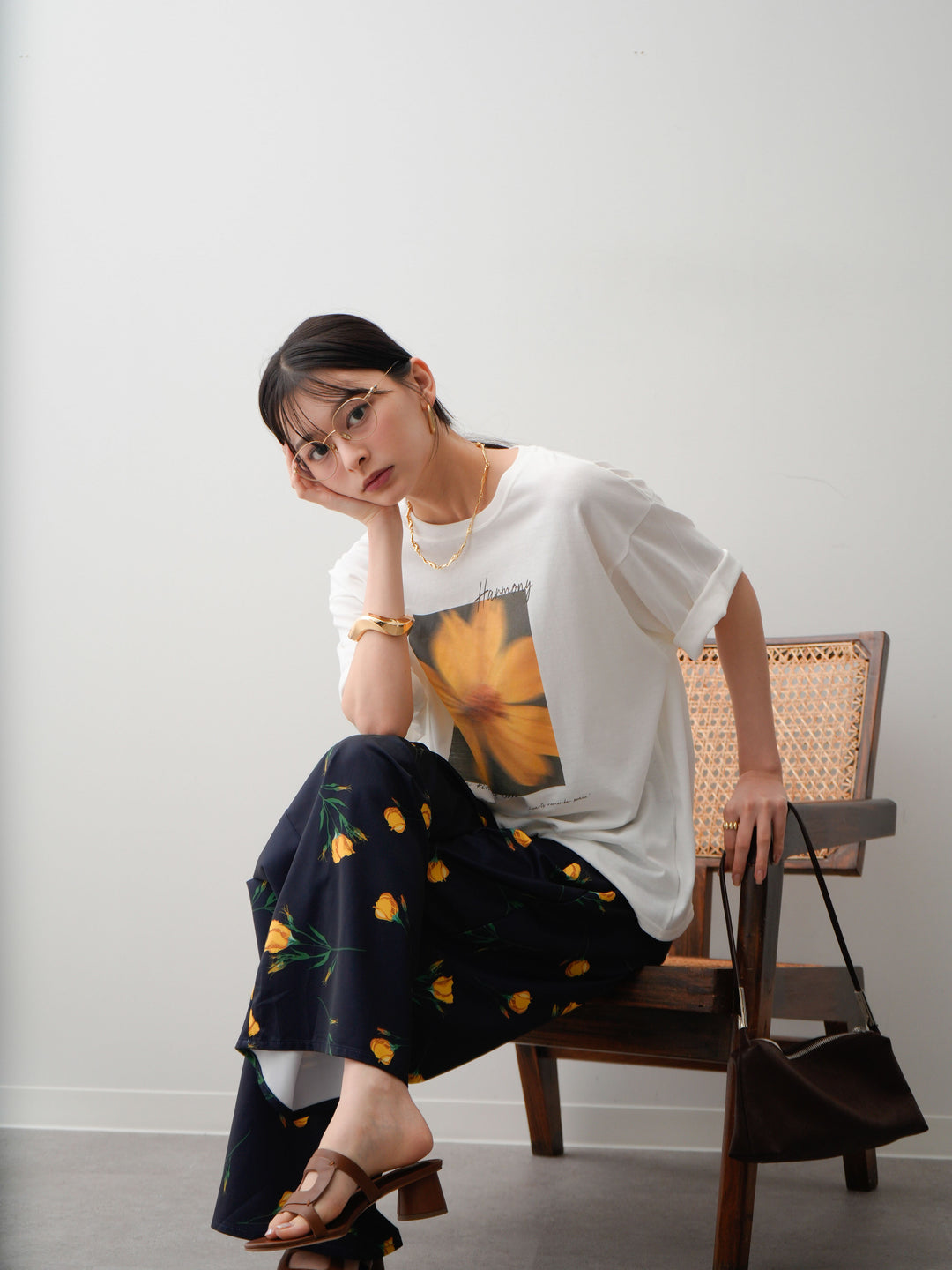 [SET]フラワーフォトTEE+フラワープリントドレープタックパンツ(2set)