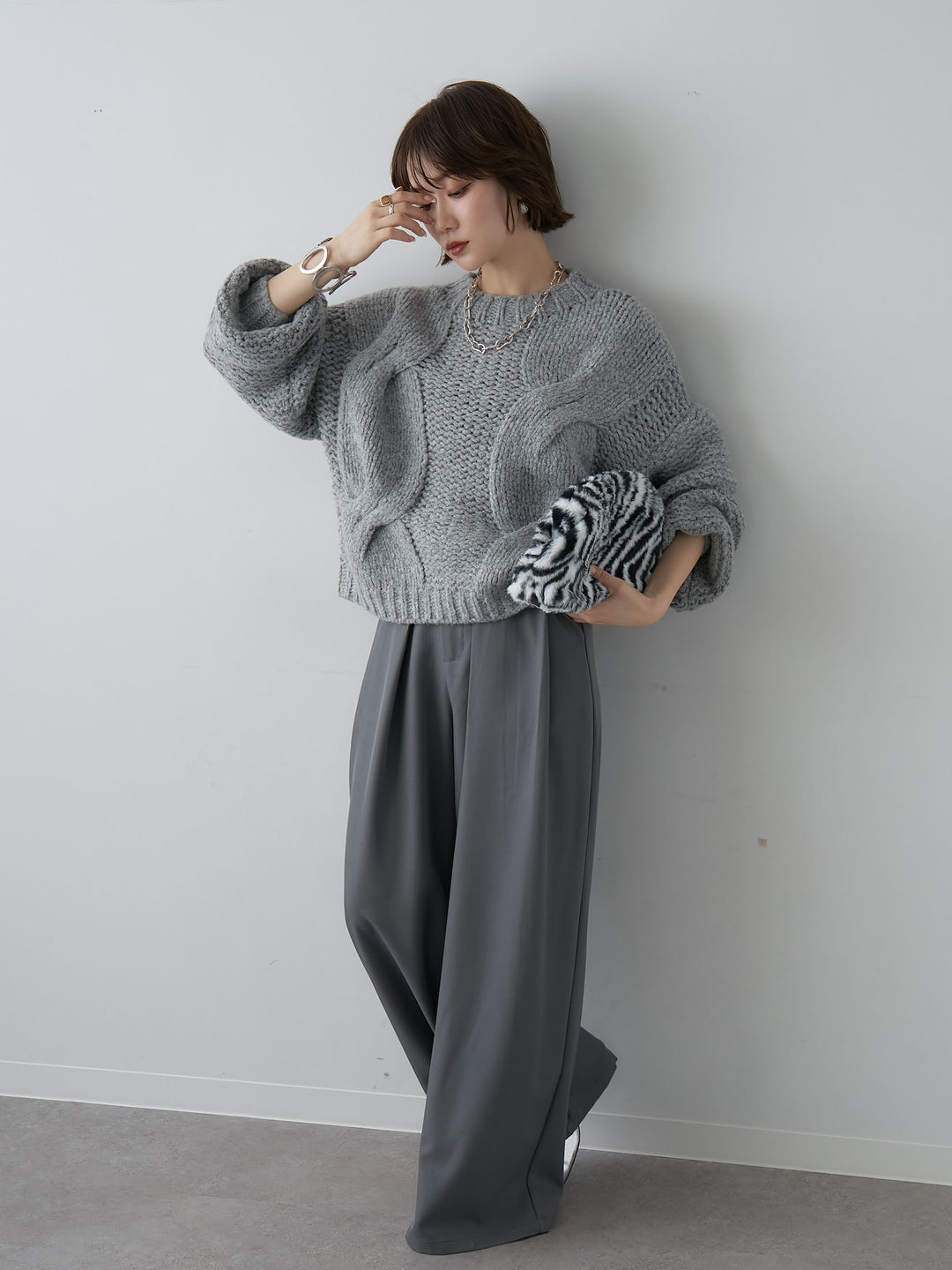 [SET]チャンキーケーブルニットトップス+ベルトループデザインワイドパンツ(2set)