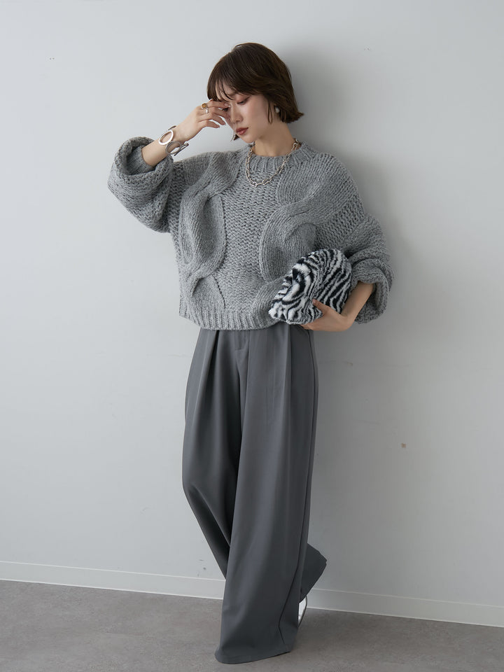 [SET]チャンキーケーブルニットトップス+ベルトループデザインワイドパンツ(2set)