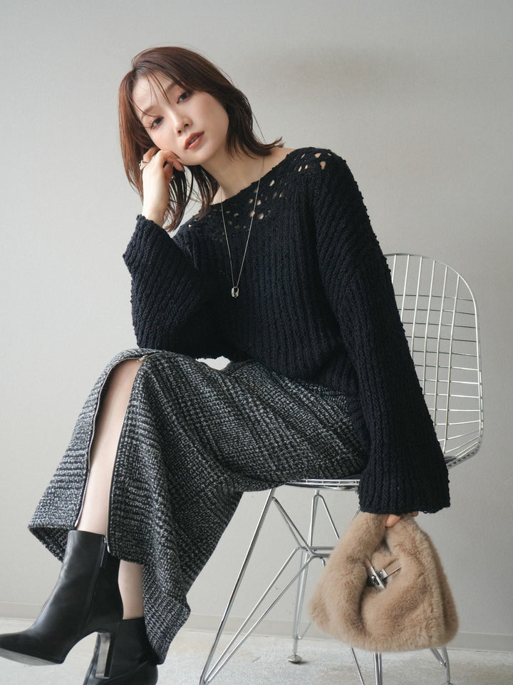 [予約]ボートネック透かし編みニットプルオーバー/navy