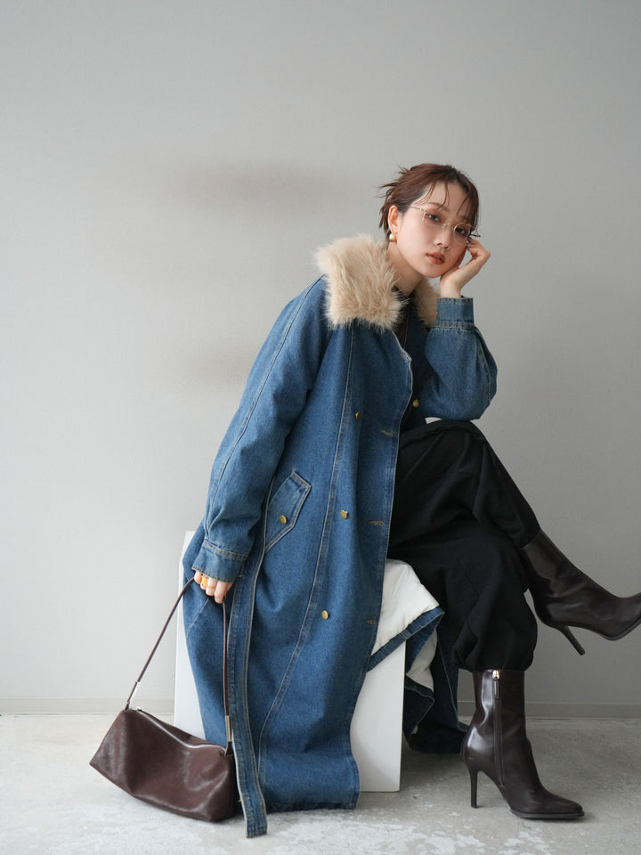 [予約]ファー襟デニムロングコート/blue