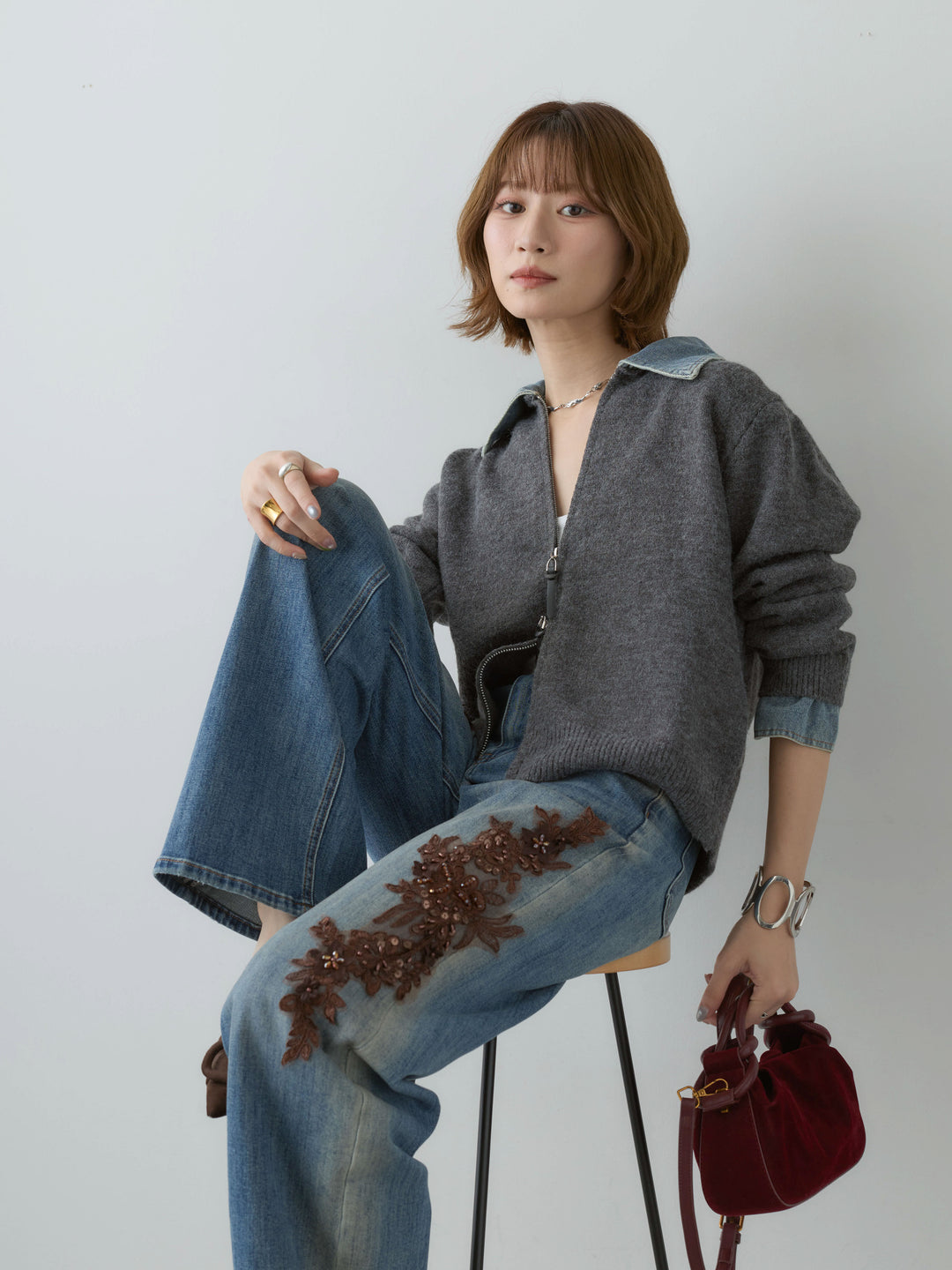 [SET]デニム襟ジップカーディガン+3Dフラワービジューダリーストレートデニム(2set)