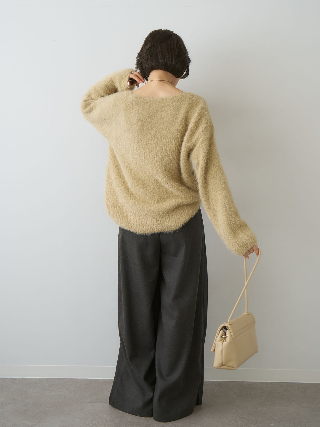[SET]シャギーVネックニットトップス+ダブルタックドレープストレートワイドパンツ(2set)