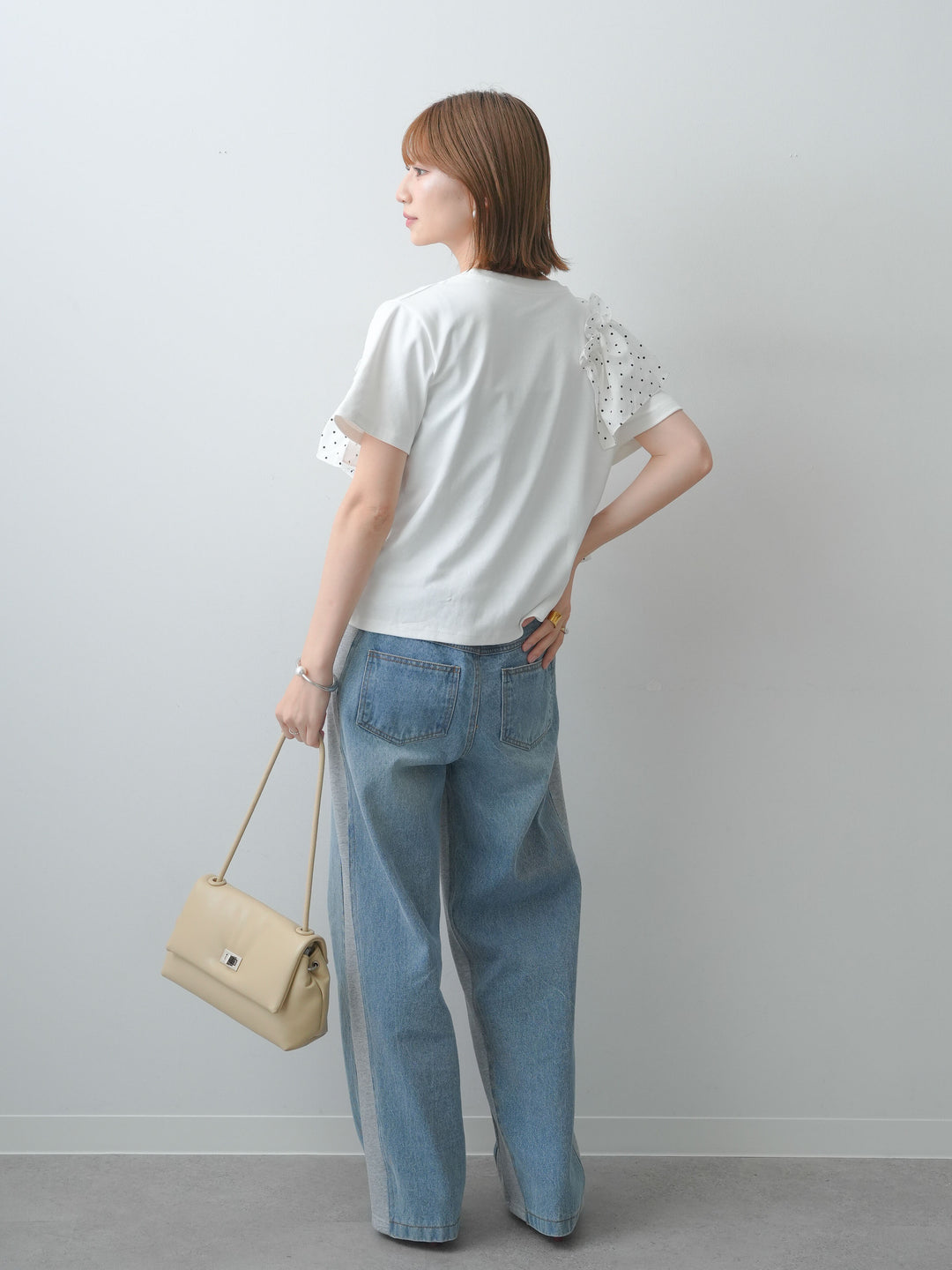[SET]ドットギャザーフリルデザインTEE+デニム切替スウェットパンツ(2set)