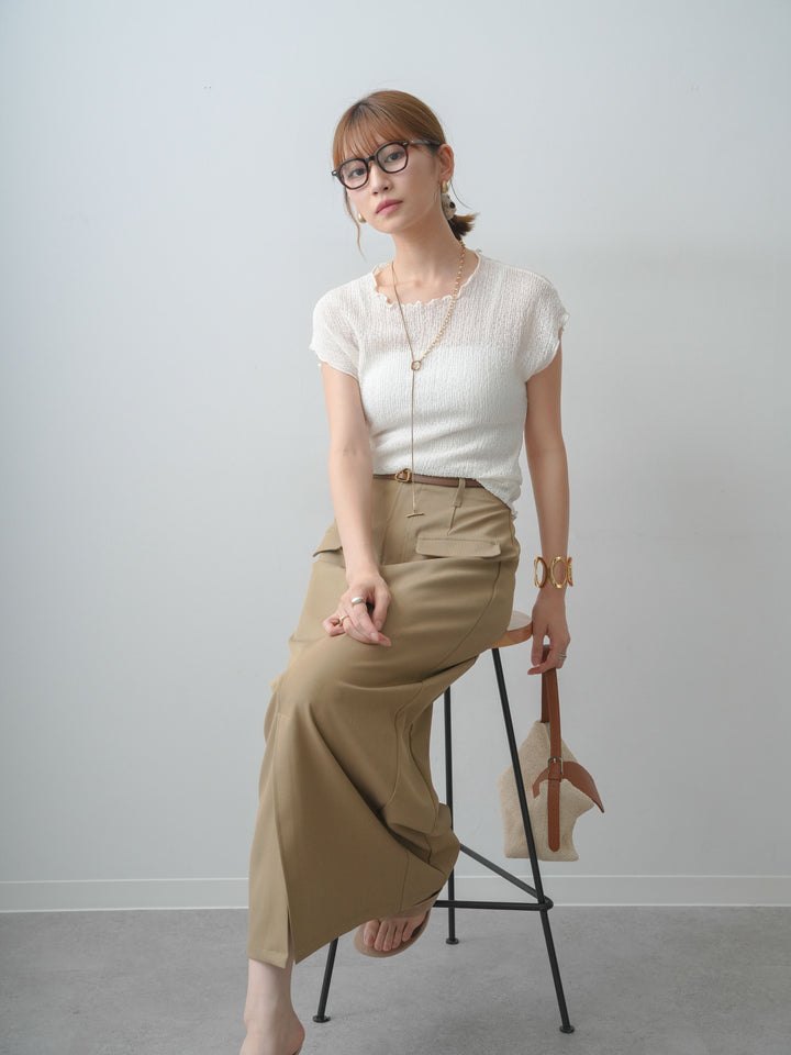[SET]シャーリングシアーバックオープンフレンチトップス+クレープデシンフラップ付きストレートスカート(2set)