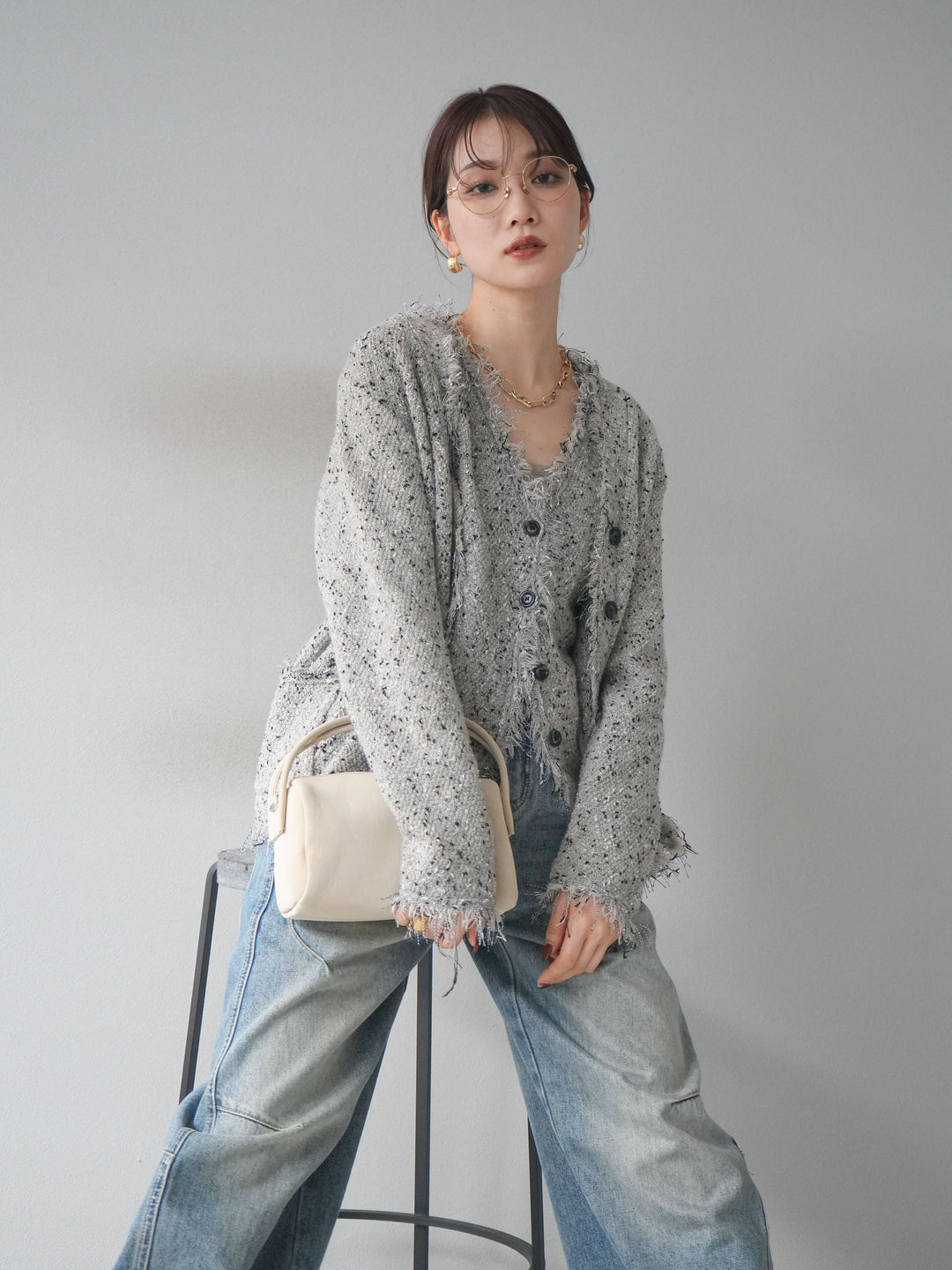 [予約]ネップフリンジニットカーディガン/khaki