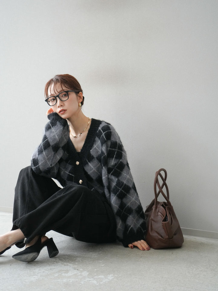 [予約]アーガイルシャギーニットカーディガン/gray