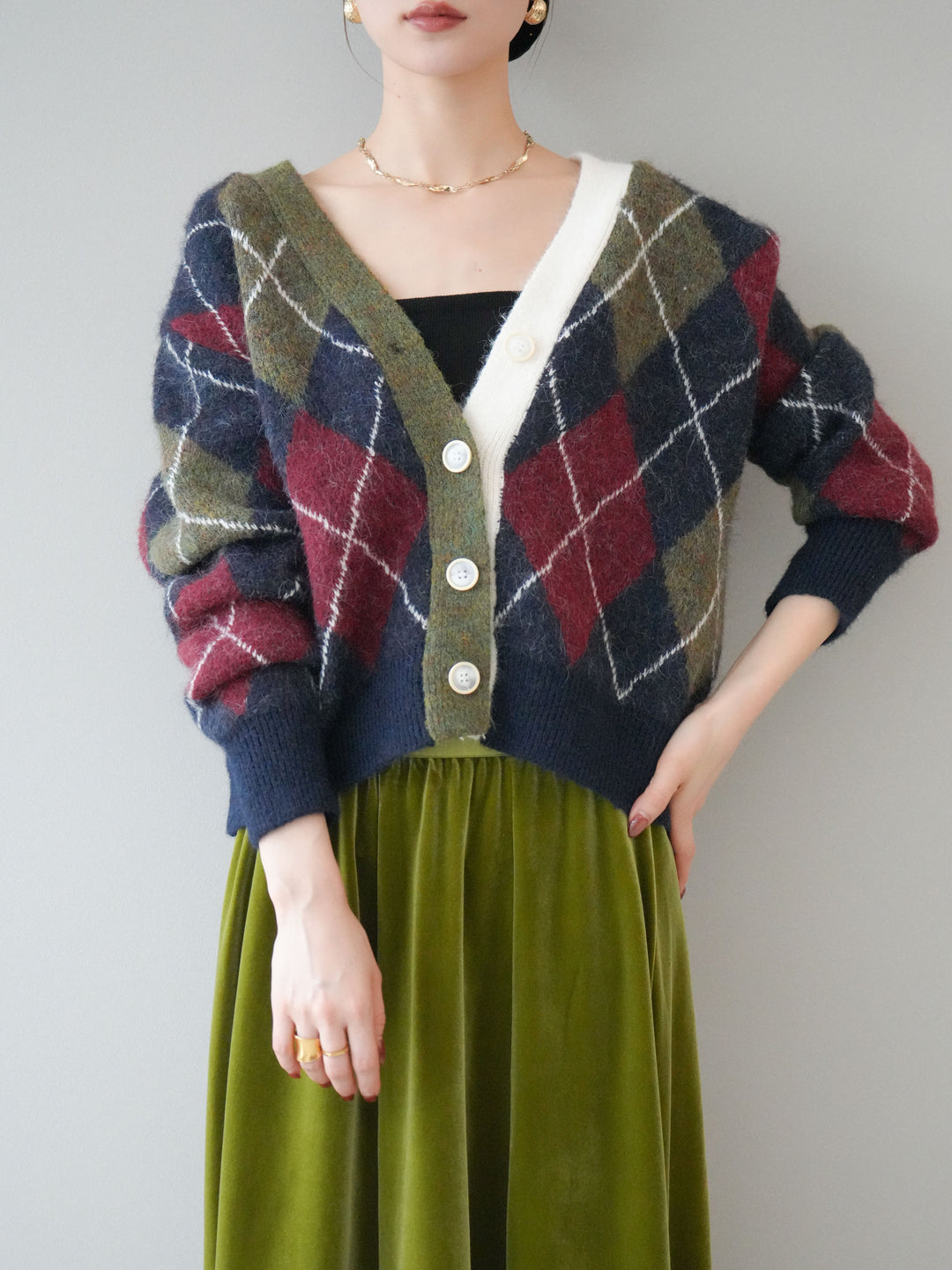 [予約]配色アーガイル柄ニットカーディガン/green