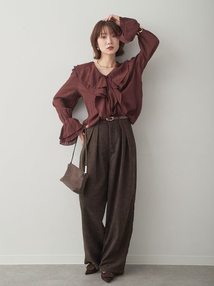 [SET]ラッフルカラーブラウス+ベロアデニムタックワイドパンツ(2set)