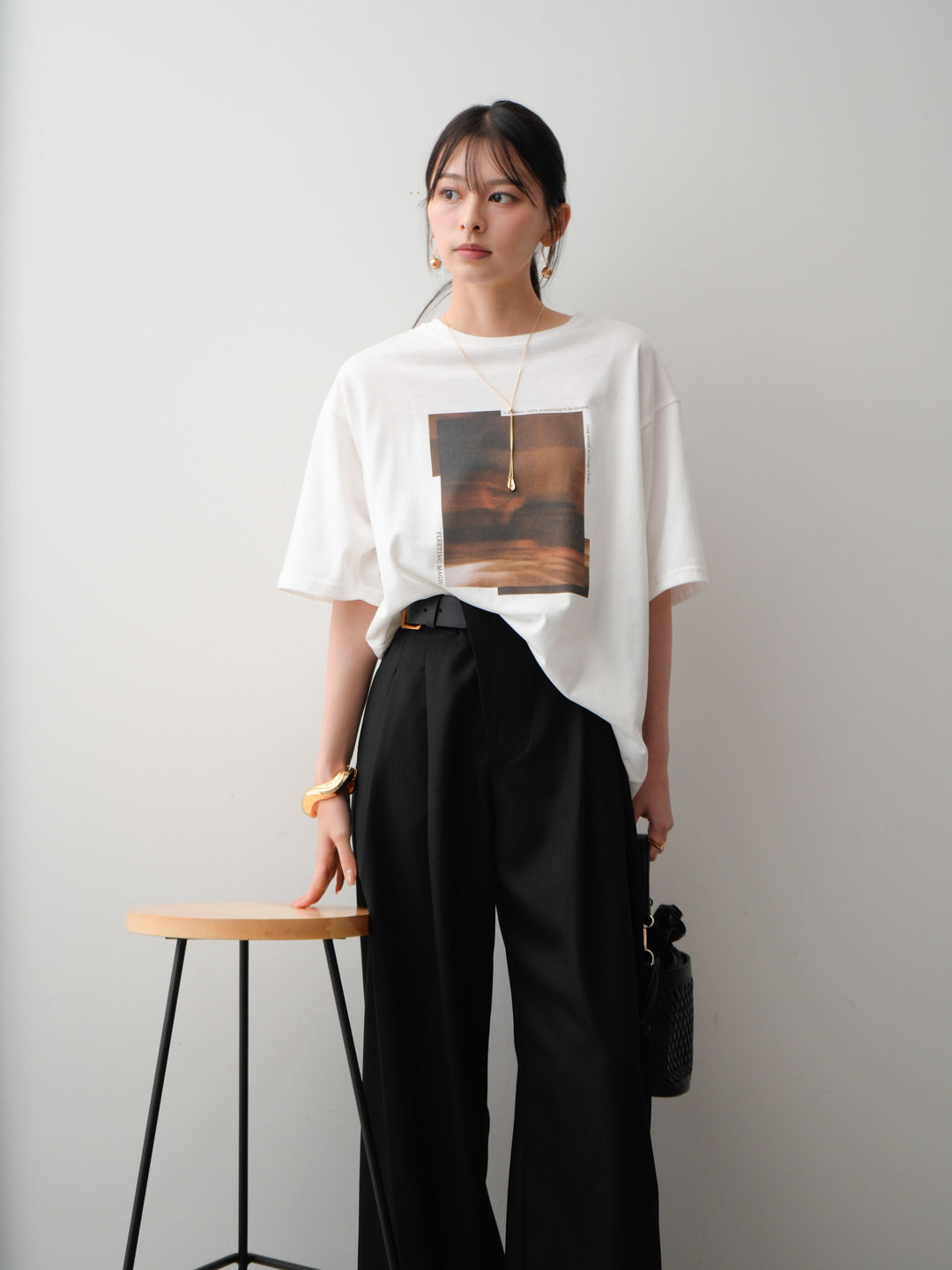 [SET]フォトプリントロゴTEE+アシンメトリーベルトタックワイドパンツ(2set)