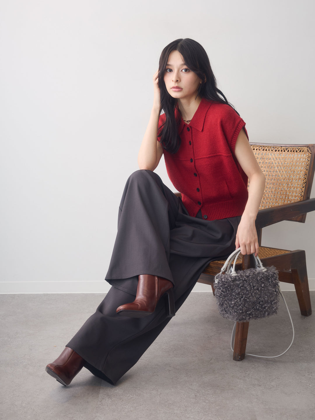 [SET]アルパカタッチコクーン襟ベスト+デニムコンビスムースニットジャケット(2set)