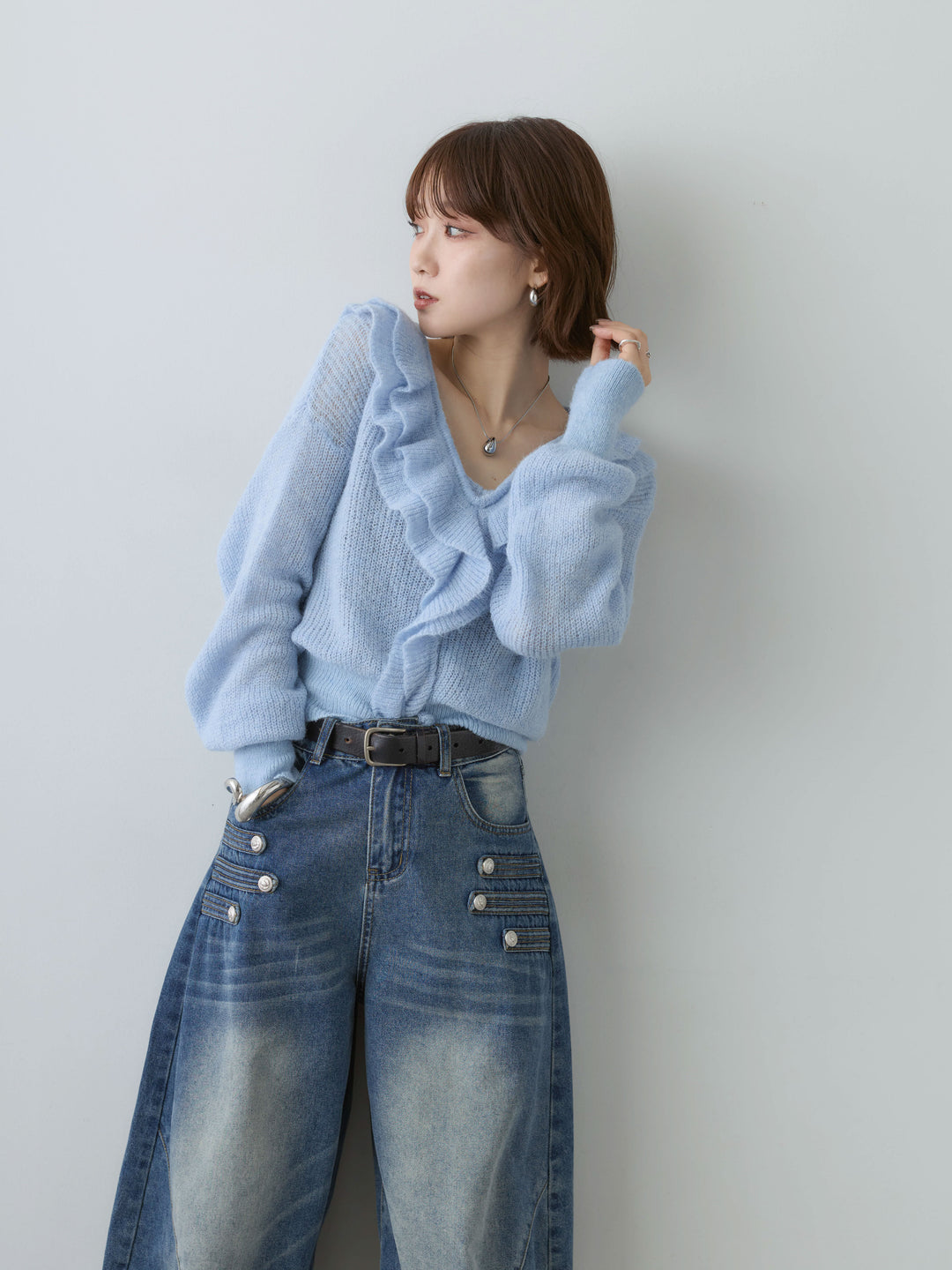 [SET]フリルネックモヘアニットトップス+フリルネックモヘアニットトップス(2set)