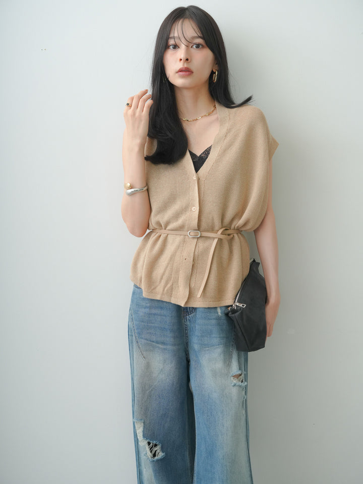 [予約]ベルト付フロントボタンノースリニットトップス/beige