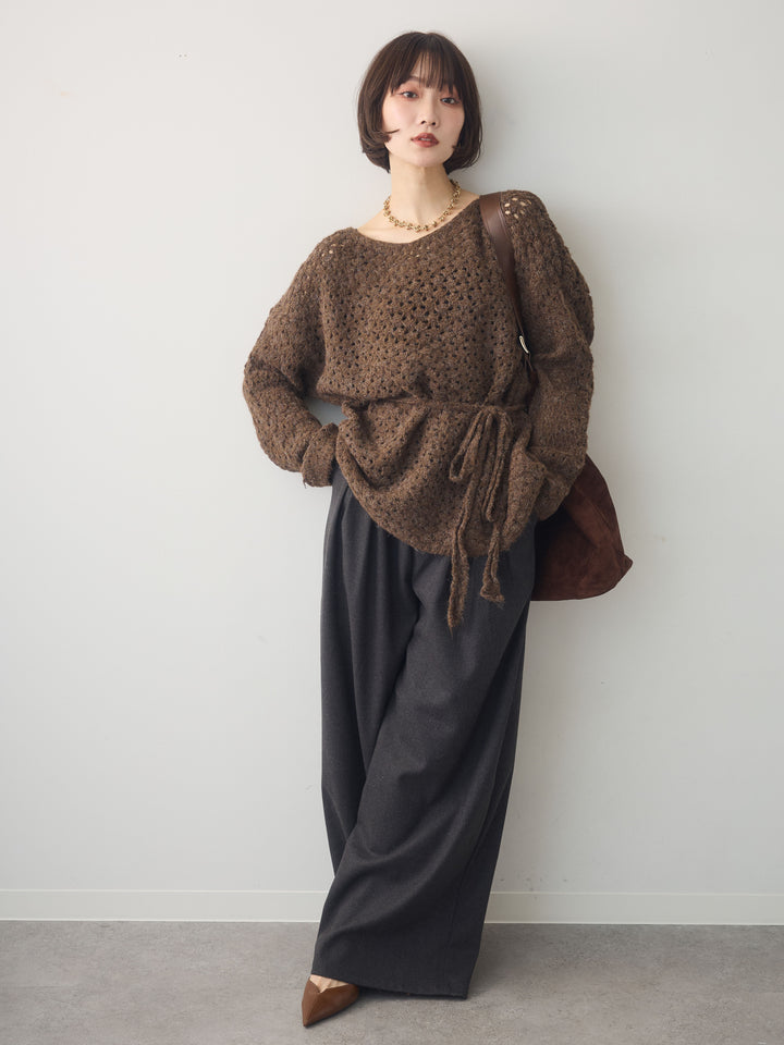 [SET]ニットベルト付ポップコーンプルオーバー+ダブルタックドレープストレートワイドパンツ(2set)