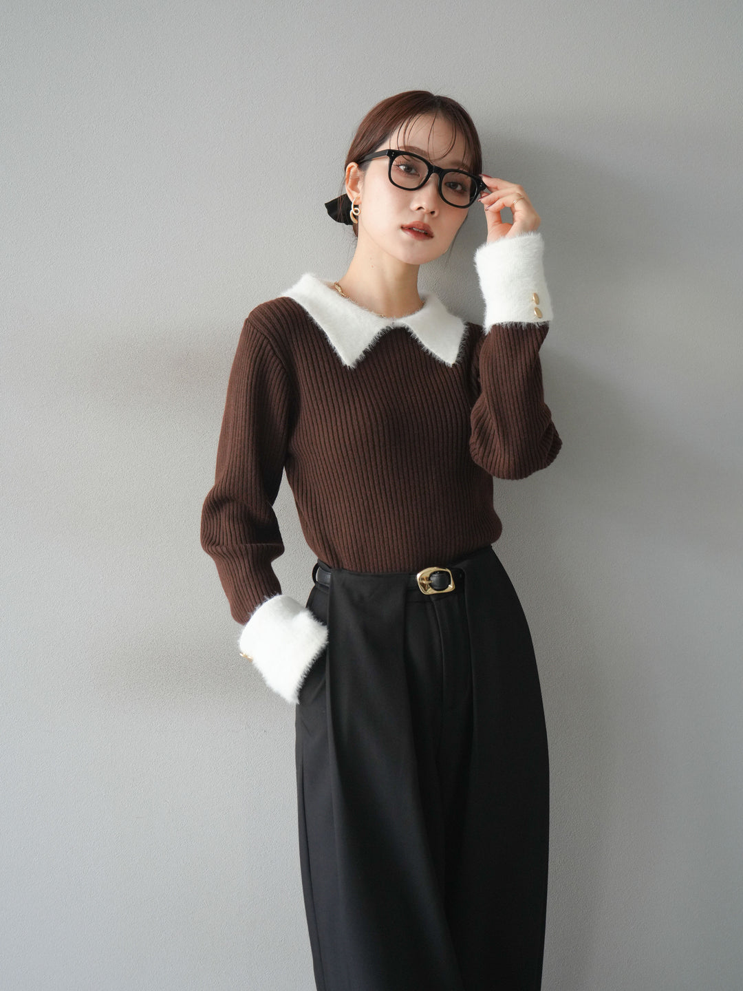 [SET]シャギー襟リブニットトップス+ベルトループデザインワイドパンツ(2set)