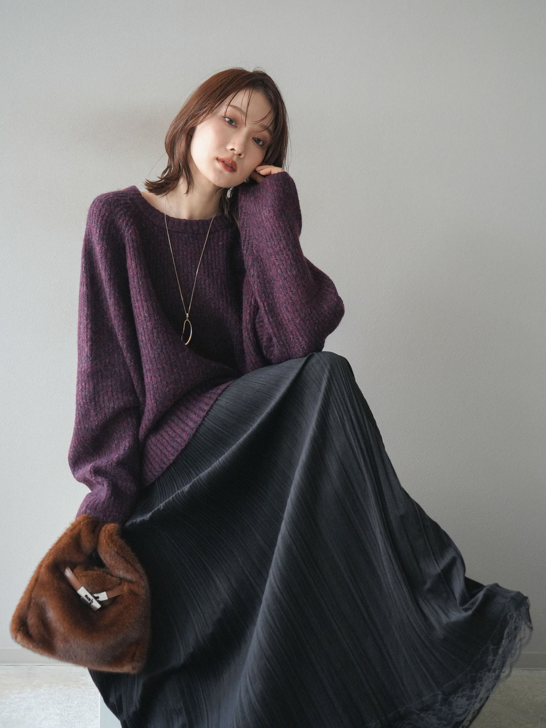 [予約]クルーネック畦編みミックスニット/bordeaux