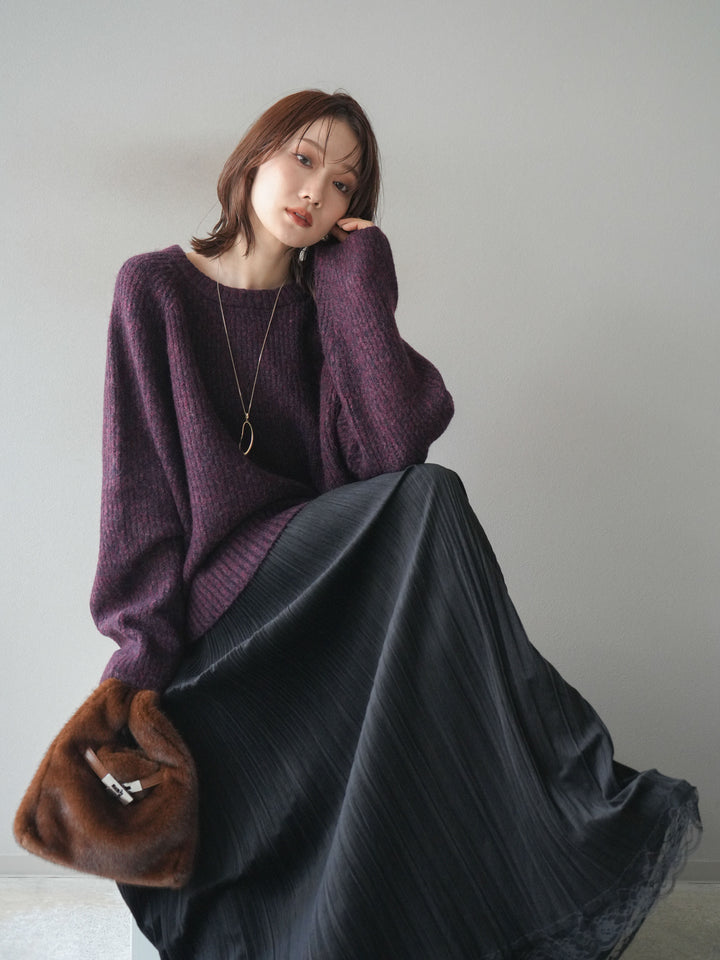 [予約]クルーネック畦編みミックスニット/bordeaux