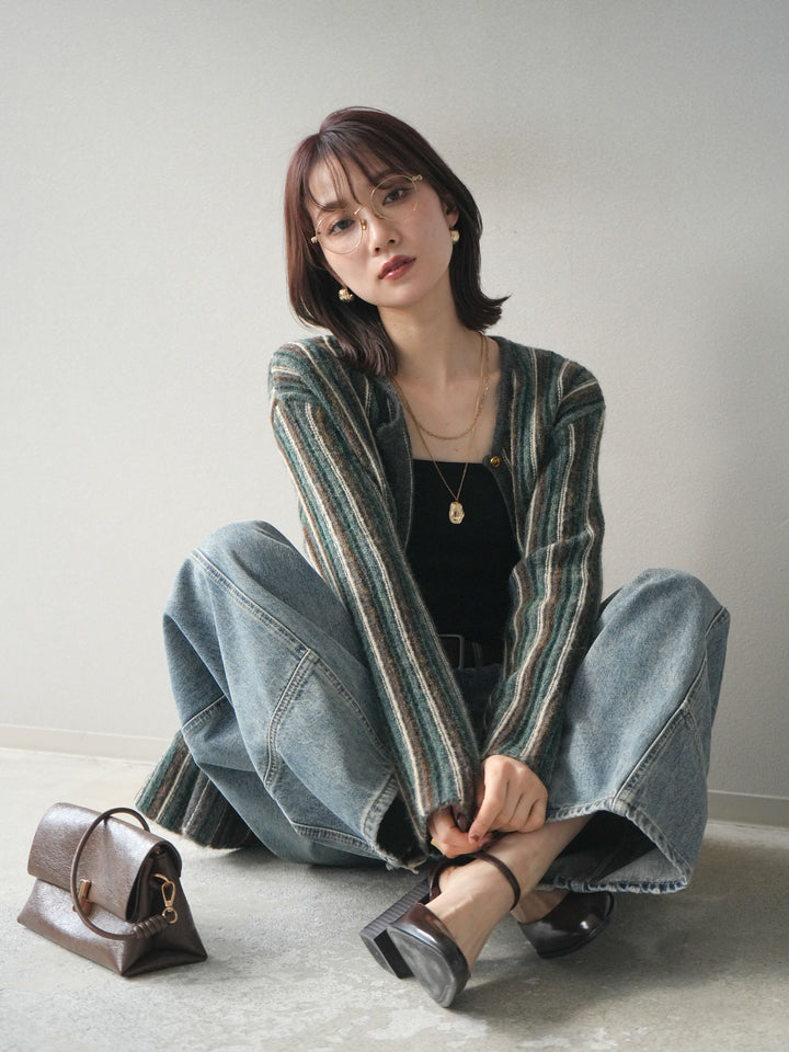 [予約]アンティークボタンストライプニットカーディガン/charcoal