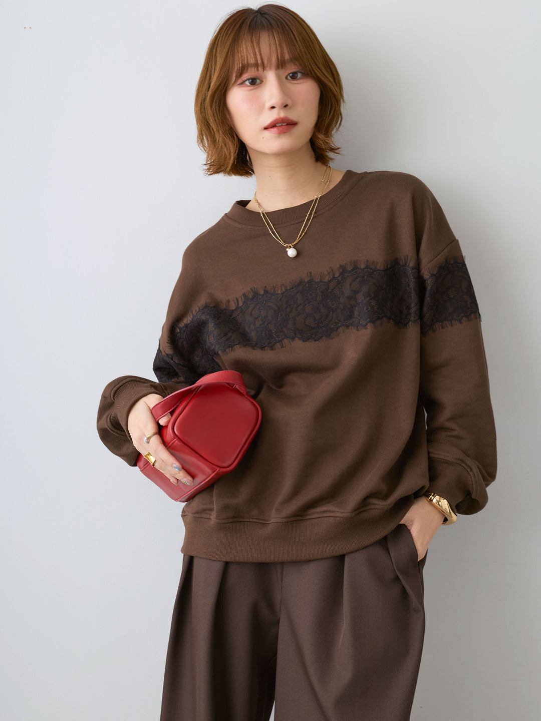 [予約]裏毛レースドッキングプルオーバー/brown
