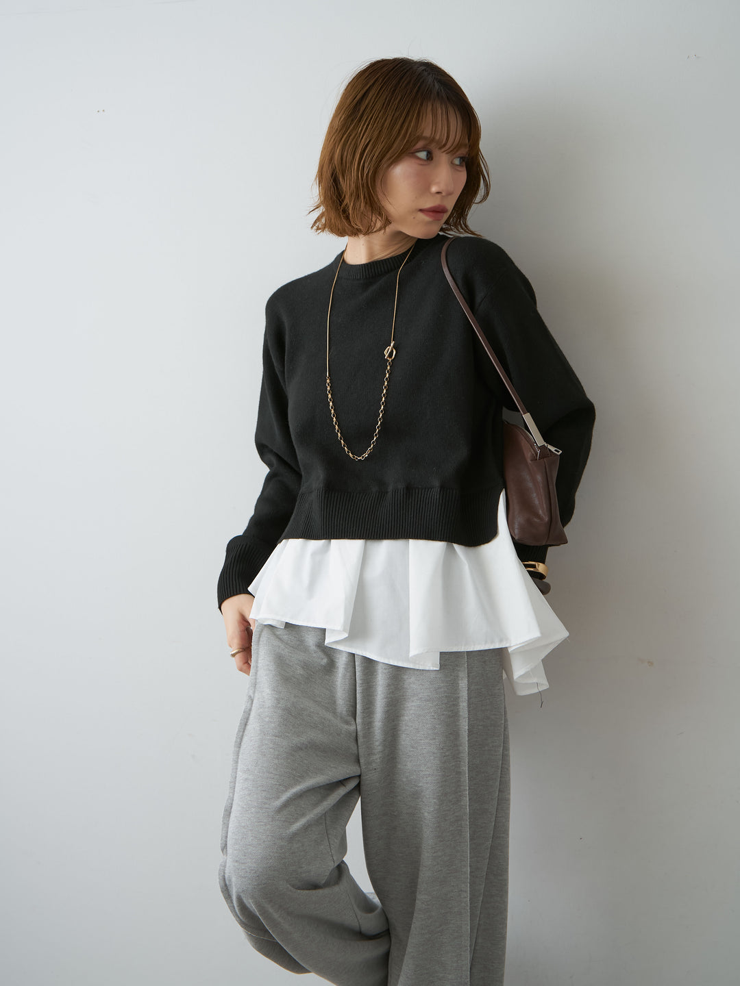 [予約]アシンメトリーシャツレイヤードニットプルオーバー/black