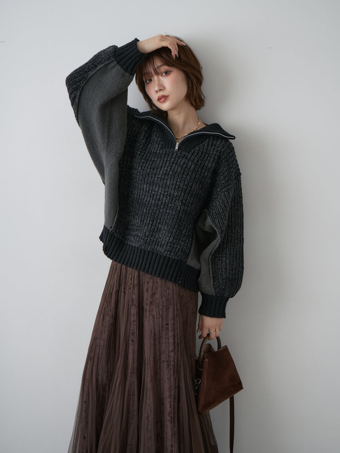 [予約]バイカラーハーフジップリブニットトップス/black