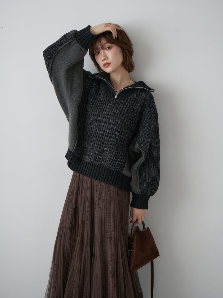 [予約]バイカラーハーフジップリブニットトップス/black