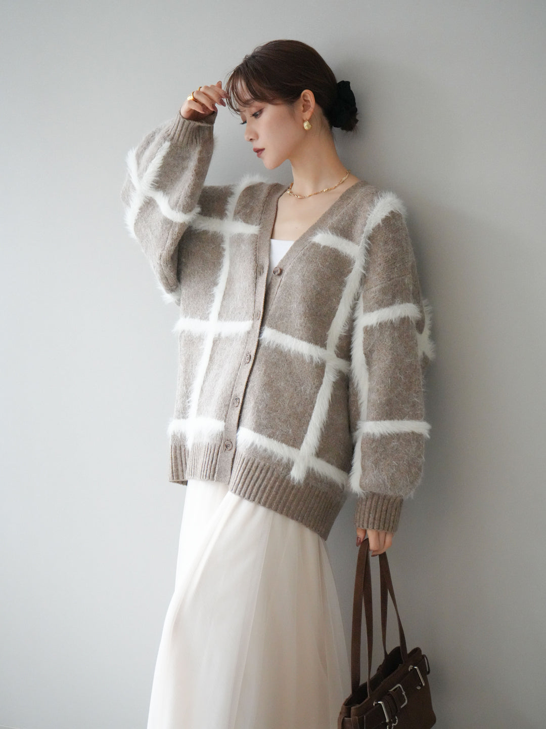 [予約]ミックスシャギーチェックカーディガン/beige