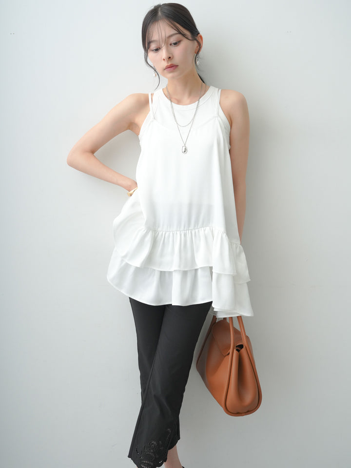 [SET]サテンティアードチュニックキャミソール+ヘムカットワーククロップパンツ(2set)