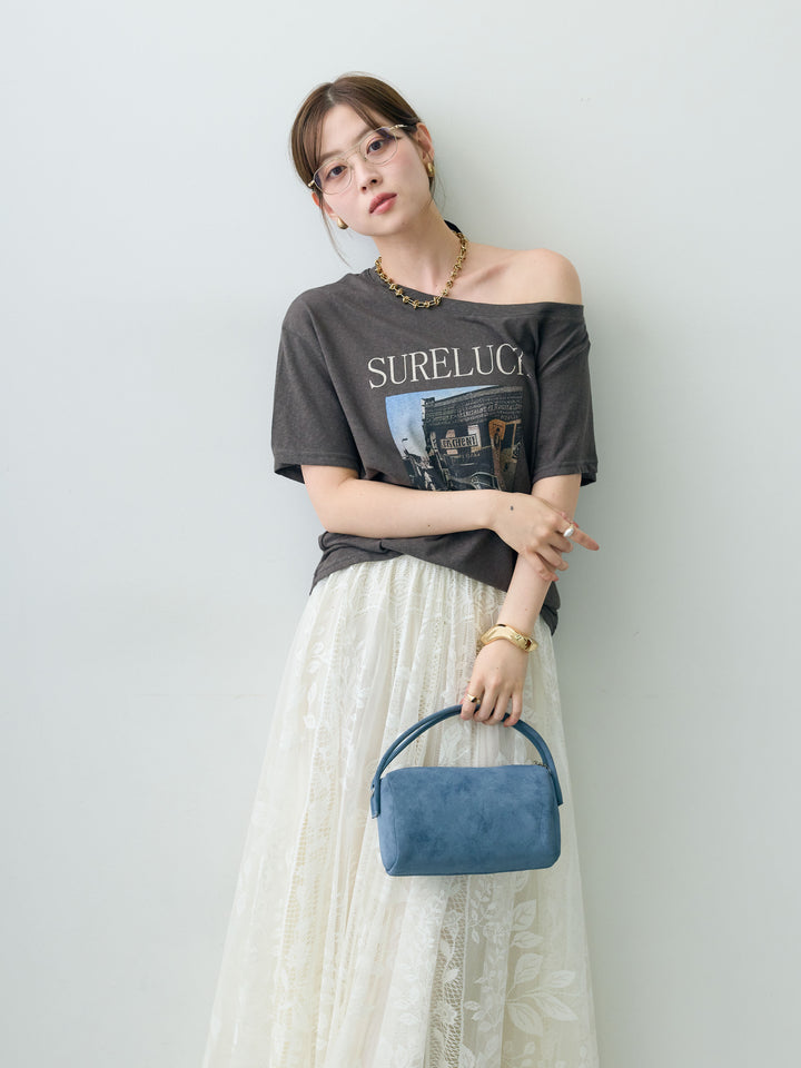 [SET]ワイドネックプリントTEE+ボタニカルパネルレースフレアスカート(2set)