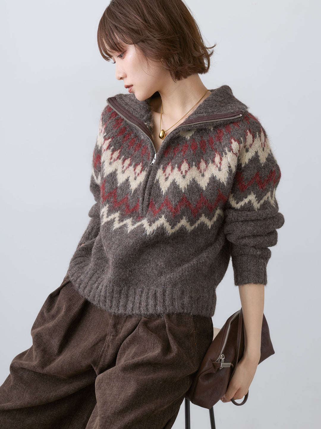 [予約]ノルディックハーフジップニットトップス/brown