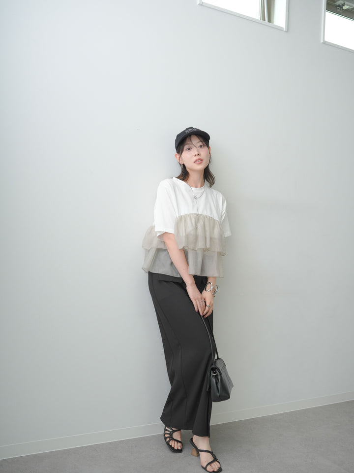 [SET]オーガンジーフリルドッキングTEE+クレープデシンフラップ付きストレートスカート(2set)