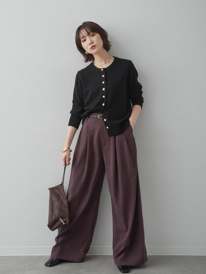 [SET]ゴールドボタンニットカーディガン+ツータックドレープストレートパンツ(2set)