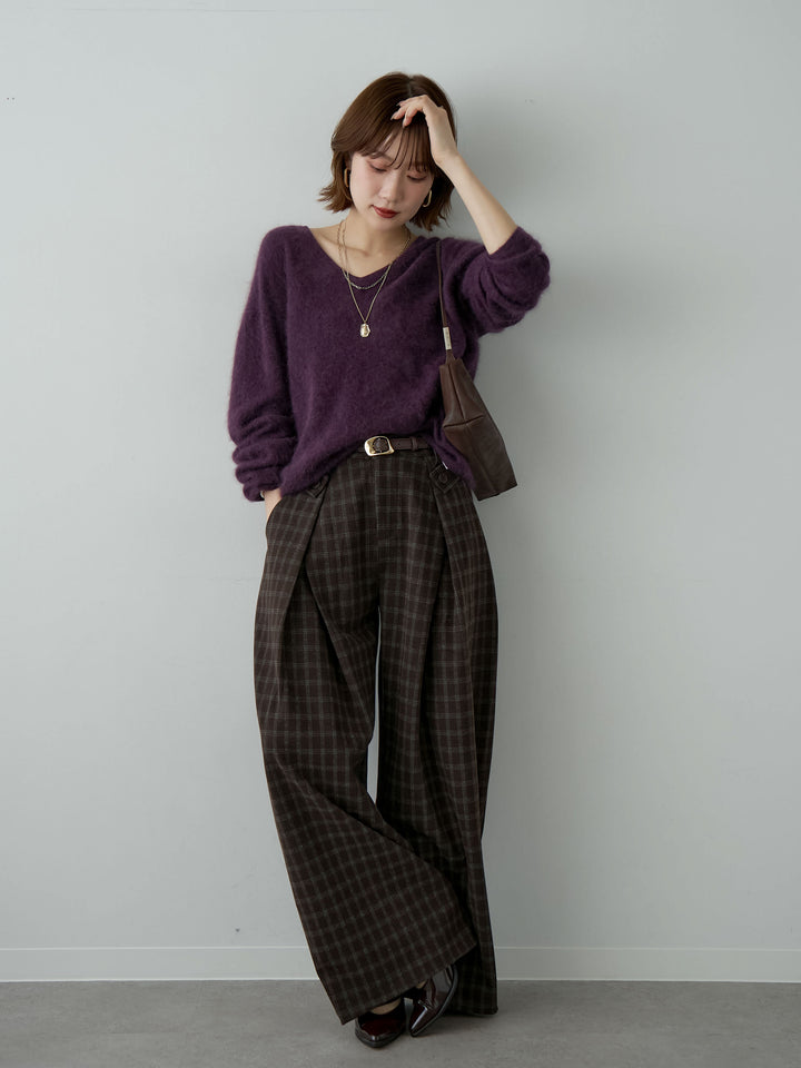 [SET]カシミア混フェザータッチVネックニットトップス+チェックサイドベルトデザインタックパンツ(2set)