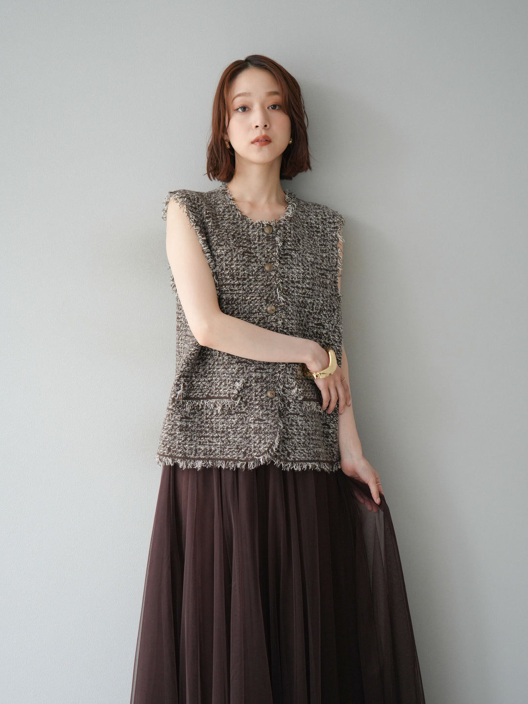 [予約]ミックスツイードフリンジニットベスト/ブラウン