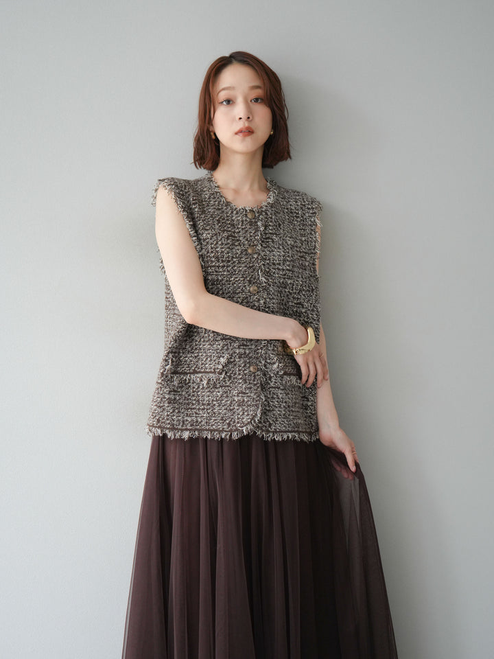 [予約]ミックスツイードフリンジニットベスト/ブラウン