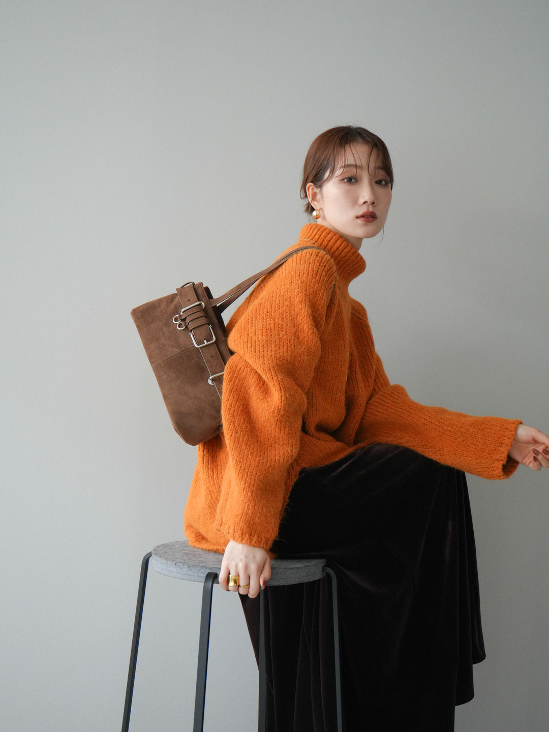 [予約]アシンメトリーハイネックニットプルオーバー/orange