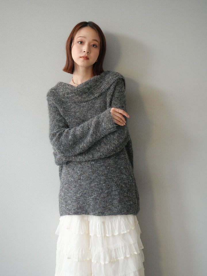 [予約]ミックスヤーンオフショルルーズニットプルオーバー/グレー
